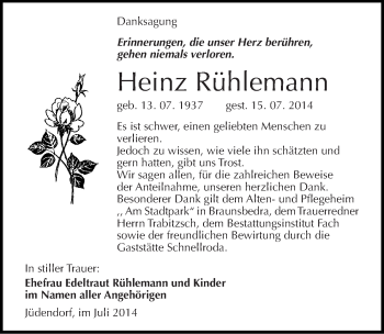Traueranzeige von Heinz Rühlemann von Mitteldeutsche Zeitung Merseburg/Querfurt
