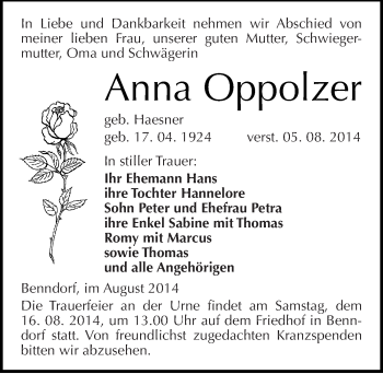 Traueranzeige von Anna Oppolzer von Mitteldeutsche Zeitung Mansfelder Land