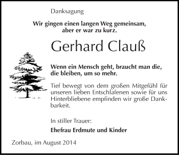 Traueranzeige von Gerhard Clauß von Mitteldeutsche Zeitung Weißenfels