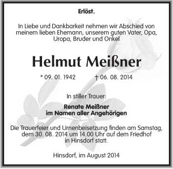 Traueranzeige von Helmut Meißner von Mitteldeutsche Zeitung Köthen