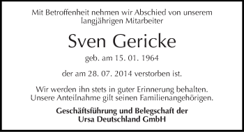 Traueranzeige von Sven Gericke von Mitteldeutsche Zeitung Halle/Saalkreis