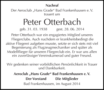 Traueranzeige von Peter Otterbach von Mitteldeutsche Zeitung Sangerhausen