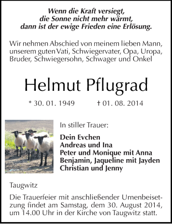 Traueranzeige von Helmut Pflugrad von Mitteldeutsche Zeitung Naumburg/Nebra