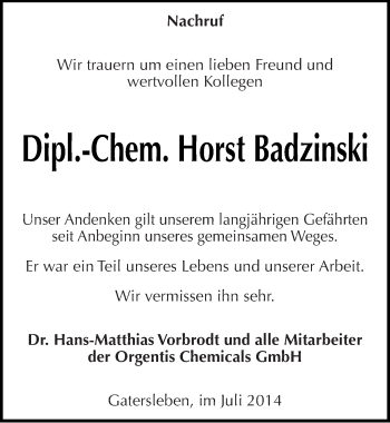 Traueranzeige von Horst Badzinski von Mitteldeutsche Zeitung Quedlinburg