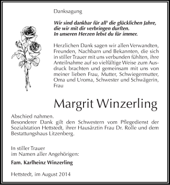 Traueranzeige von Margrit Winzerling von Mitteldeutsche Zeitung Mansfelder Land