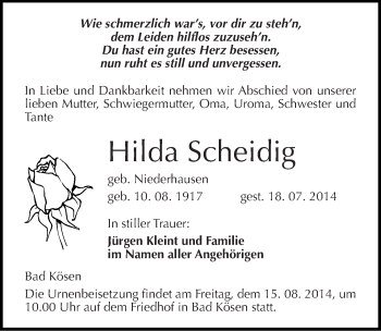 Traueranzeige von Hilda Scheidig von Mitteldeutsche Zeitung Naumburg/Nebra