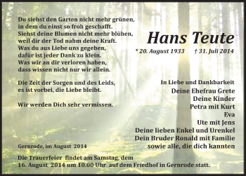 Traueranzeige von Hans Teute von Mitteldeutsche Zeitung Quedlinburg