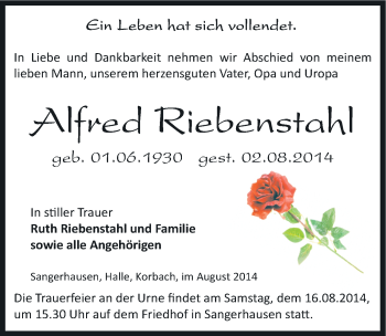 Traueranzeige von Alfred Riebenstahl von Mitteldeutsche Zeitung Sangerhausen