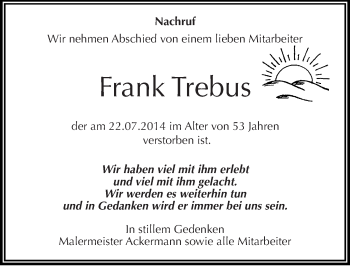 Traueranzeige von Frank Trebus von Mitteldeutsche Zeitung Mansfelder Land