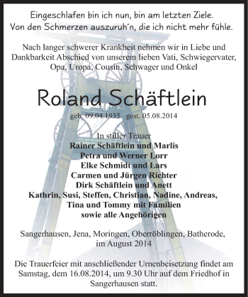 Traueranzeige von Roland Schäftlein von Mitteldeutsche Zeitung Sangerhausen