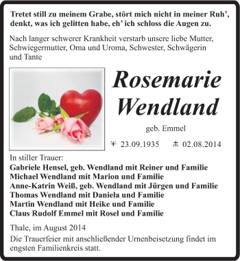 Traueranzeige von Rosemarie Wendland von Mitteldeutsche Zeitung Quedlinburg