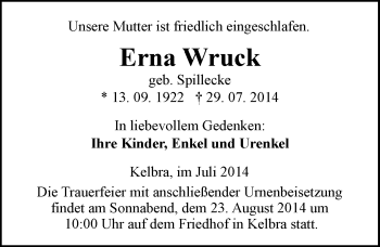 Traueranzeige von Erna Wruck von Mitteldeutsche Zeitung Sangerhausen