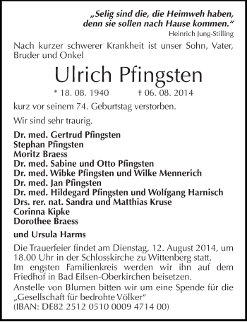 Traueranzeige von Ulrich Pfingsten von Mitteldeutsche Zeitung Wittenberg