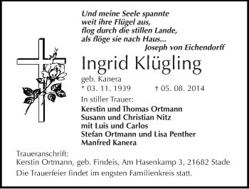 Traueranzeige von Ingrid Klügling von Mitteldeutsche Zeitung Zeitz