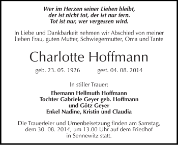 Traueranzeige von Charlotte Hoffmann von Mitteldeutsche Zeitung Halle/Saalkreis