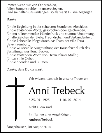 Traueranzeige von Anni Trebeck von Mitteldeutsche Zeitung Sangerhausen