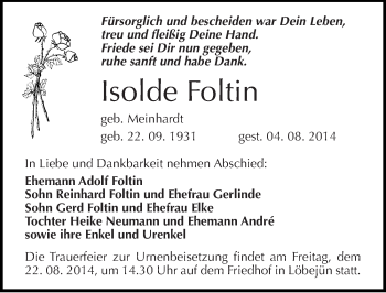 Traueranzeige von Isolde Foltin von Mitteldeutsche Zeitung Halle/Saalkreis