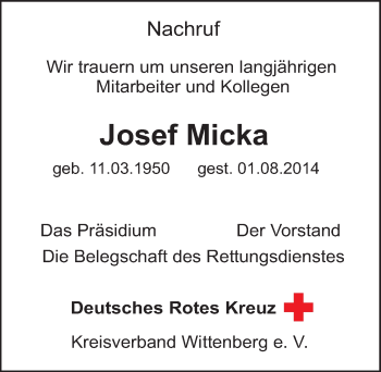 Traueranzeige von Josef Micka von Mitteldeutsche Zeitung Wittenberg