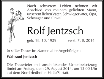 Traueranzeige von Rolf Jentzsch von Mitteldeutsche Zeitung Halle/Saalkreis