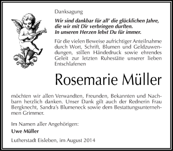 Traueranzeige von Rosemarie Müller von Mitteldeutsche Zeitung Mansfelder Land