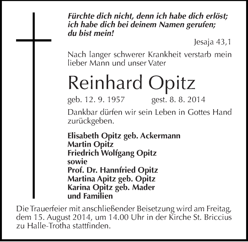  Traueranzeige für Reinhard Opitz vom 12.08.2014 aus Mitteldeutsche Zeitung Halle/Saalkreis