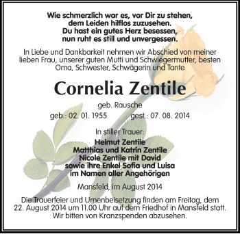 Traueranzeige von Cornelia Zentile von Mitteldeutsche Zeitung Mansfelder Land