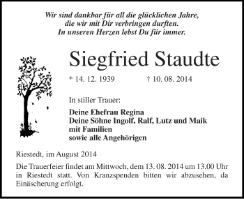 Traueranzeige von Siegfried Staudte von Mitteldeutsche Zeitung Sangerhausen