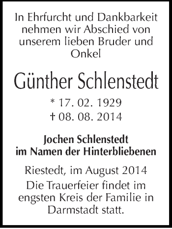 Traueranzeige von Günther Schlenstedt von Mitteldeutsche Zeitung Sangerhausen