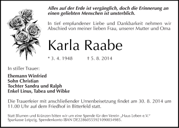 Traueranzeige von Karla Raabe von Mitteldeutsche Zeitung Bitterfeld