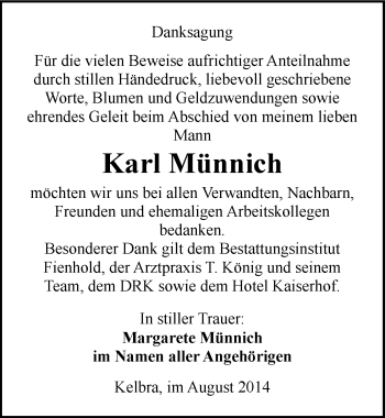 Traueranzeige von Karl Münnich von Mitteldeutsche Zeitung Sangerhausen