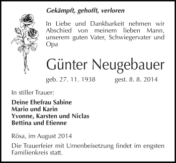 Traueranzeige von Günter Neugebauer von Mitteldeutsche Zeitung Bitterfeld