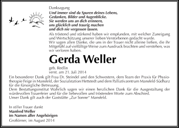Traueranzeige von Gerda Weller von Mitteldeutsche Zeitung Mansfelder Land