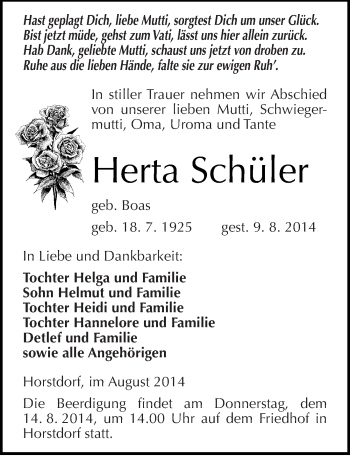 Traueranzeige von Herta Schüler von Mitteldeutsche Zeitung Wittenberg