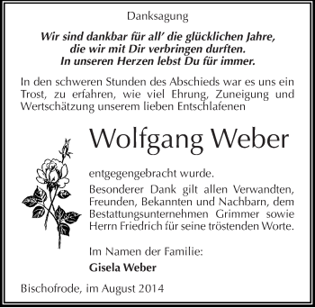 Traueranzeige von Wolfgang Weber von Mitteldeutsche Zeitung Mansfelder Land
