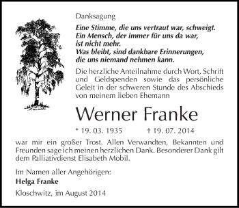 Traueranzeige von Werner Franke von Mitteldeutsche Zeitung Halle/Saalkreis