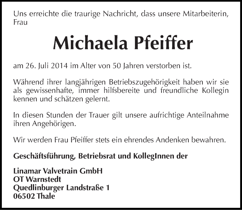  Traueranzeige für Michaela Pfeiffer vom 15.08.2014 aus Mitteldeutsche Zeitung Quedlinburg