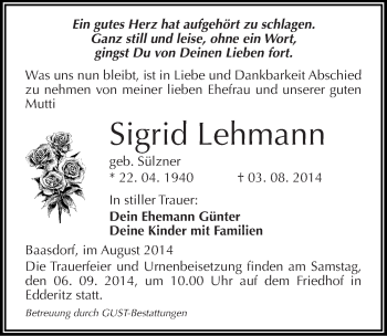 Traueranzeige von Sigrid Lehmann von Mitteldeutsche Zeitung Köthen