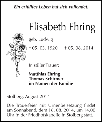 Traueranzeige von Elisabeth Ehring von Mitteldeutsche Zeitung Sangerhausen