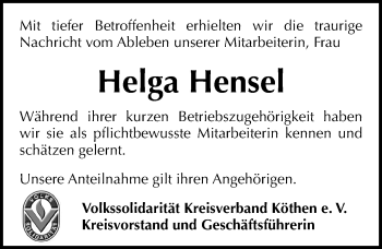 Traueranzeige von Helga Hensel von Mitteldeutsche Zeitung Köthen