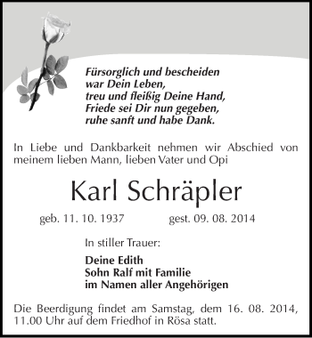 Traueranzeige von Karl Schräpler von Mitteldeutsche Zeitung Bitterfeld