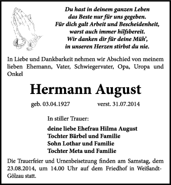 Traueranzeige von Hermann August von Mitteldeutsche Zeitung Köthen