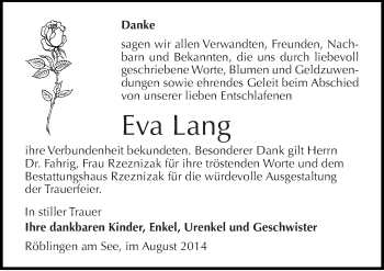 Traueranzeige von Eva Lang von Mitteldeutsche Zeitung Mansfelder Land