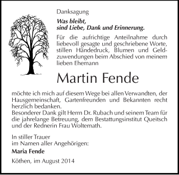 Traueranzeige von Martin Fende von Mitteldeutsche Zeitung Köthen