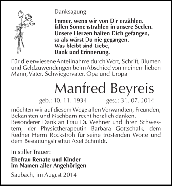 Traueranzeige von Manfred Beyreis von Mitteldeutsche Zeitung Naumburg/Nebra
