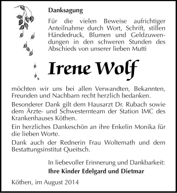 Traueranzeige von Irene Wolf von Mitteldeutsche Zeitung Köthen
