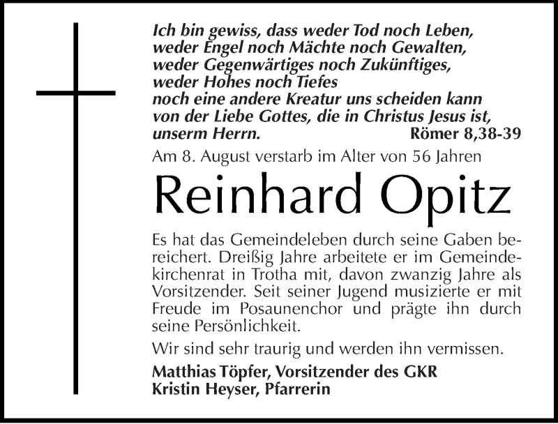  Traueranzeige für Reinhard Opitz vom 13.08.2014 aus Mitteldeutsche Zeitung Halle/Saalkreis