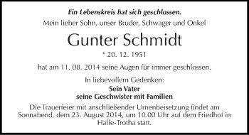 Traueranzeige von Gunter Schmidt von Mitteldeutsche Zeitung Halle/Saalkreis