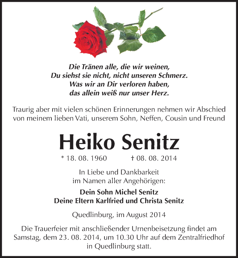  Traueranzeige für Heiko Senitz vom 16.08.2014 aus Mitteldeutsche Zeitung Quedlinburg