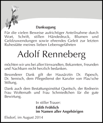 Traueranzeige von Adolf Renneberg von Mitteldeutsche Zeitung Köthen