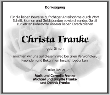 Traueranzeige von Christa Franke von Mitteldeutsche Zeitung Sangerhausen